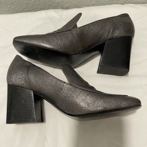 Silver with black block heel